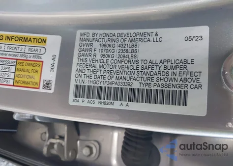 2023 Honda Accord Ex из США, поврежденный, VIN 1HGCY1F34PA033392